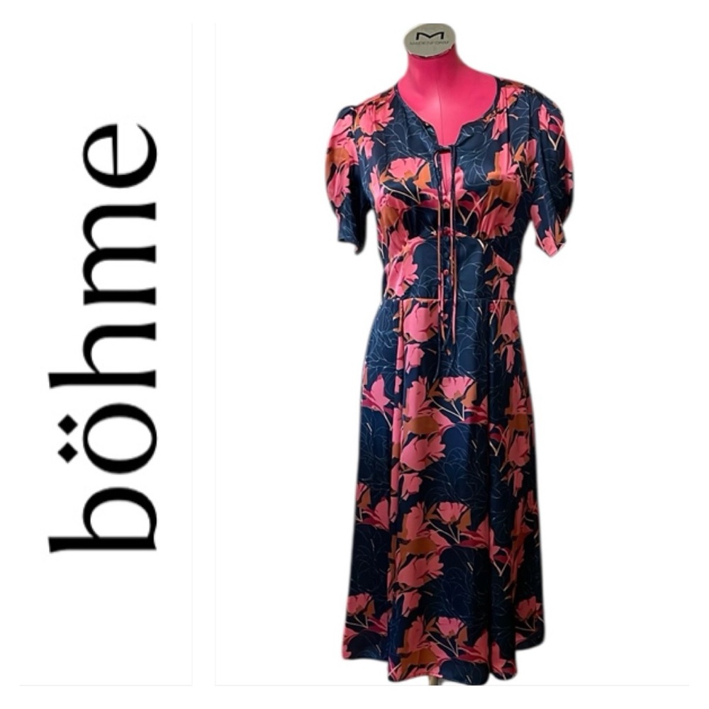 NWT! Bohme Floral Satin Puff Sleeve Midi Dress Tie Neck Bohemian Womens Medium